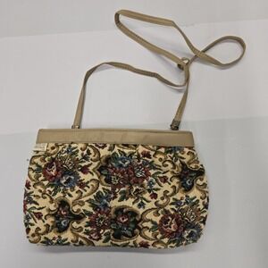 Holiday Fair Vintage Floral Tapestry Crossbody Bag Beige Tan Faux Leather Trim